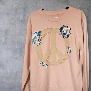 OOAK UPCYCLED Peach Sweatshirt with Peace Sign and Floral Design XL